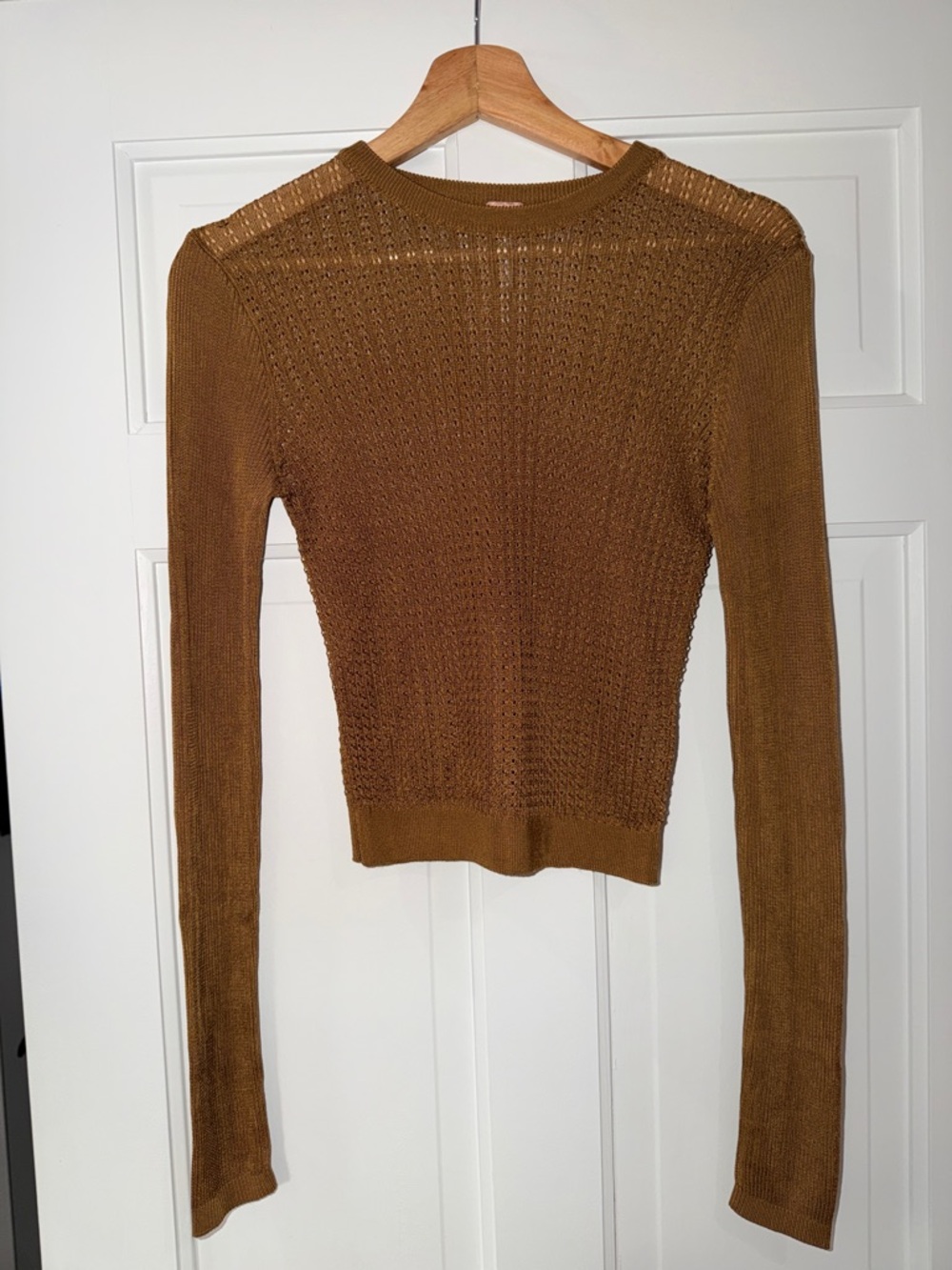 Free People Open-Knit Crew Sweater in Caramel Brown